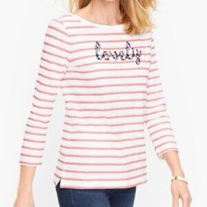 Talbots Lovely‎ Embroidered Pink Striped t-shirt, Large 3/4 sleeve cotton tee